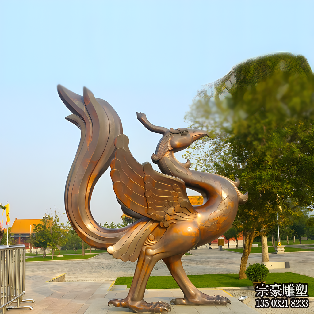 朱雀銅雕,紫銅色鑄銅神獸朱雀雕塑