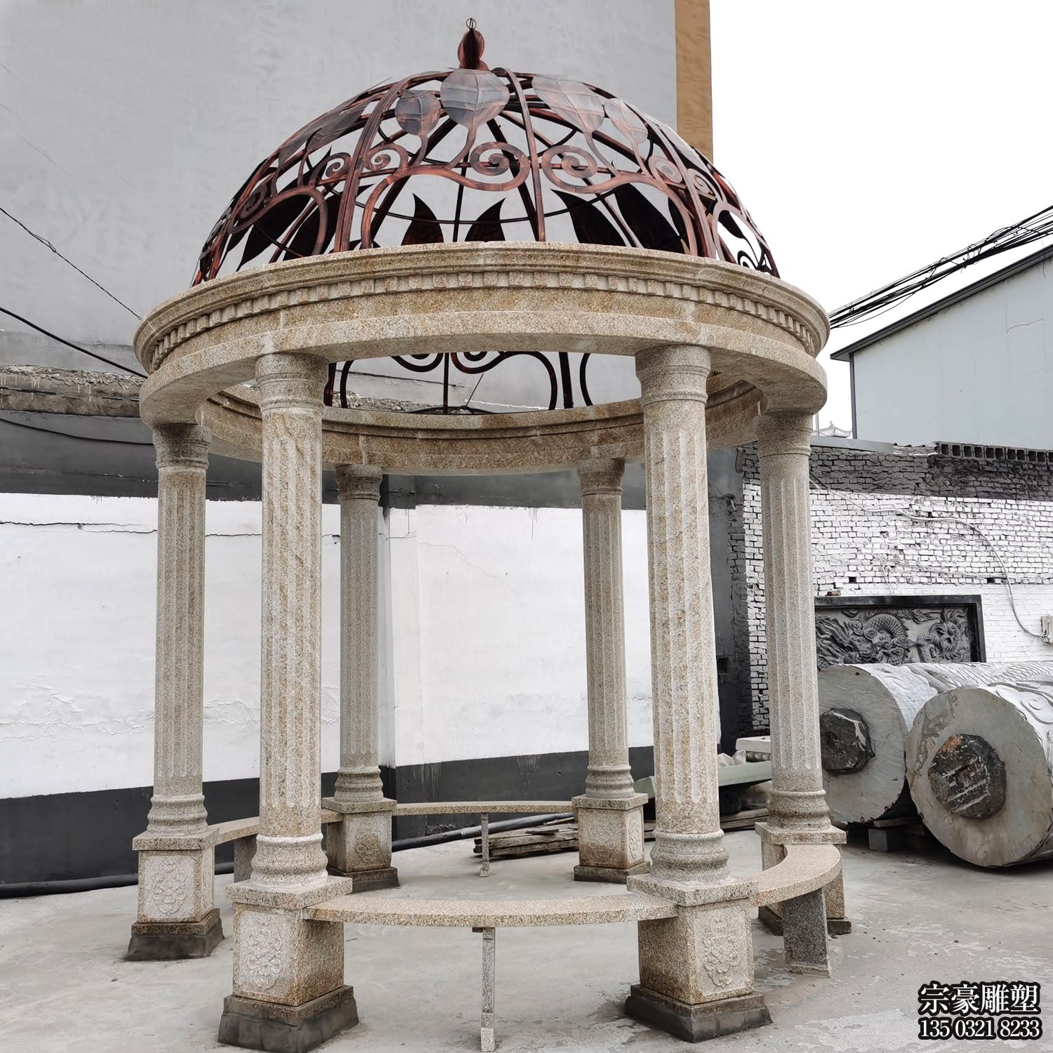 圓形歐式鐵藝園林大理石涼亭雕塑 圓形歐式鐵藝園林大理石涼亭雕塑